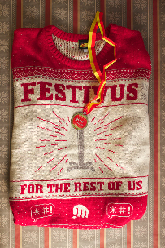 Ugliest Christmas sweater medal and Festivus for the Rest of Us sweater