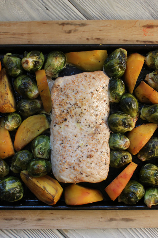 Pork tenderloin with brussels sprouts and golden beets