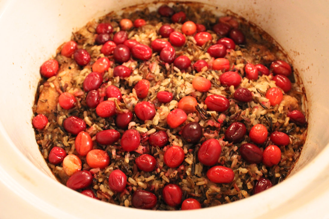 This is what chicken with wild rice and cranberries looks like in the slow cooker when done.