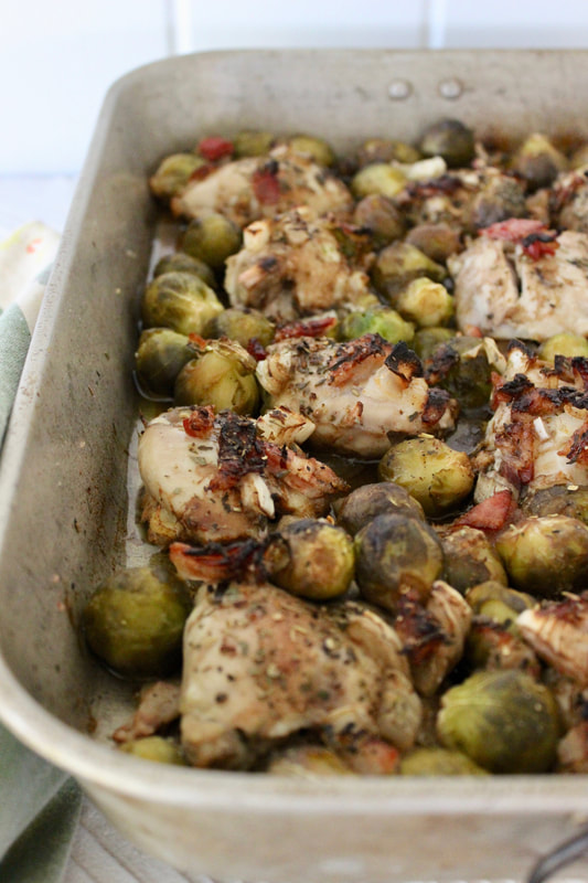 Easy Balsamic Roasted Chicken with Brussels Sprouts and Bacon Sheet Pan Dinner