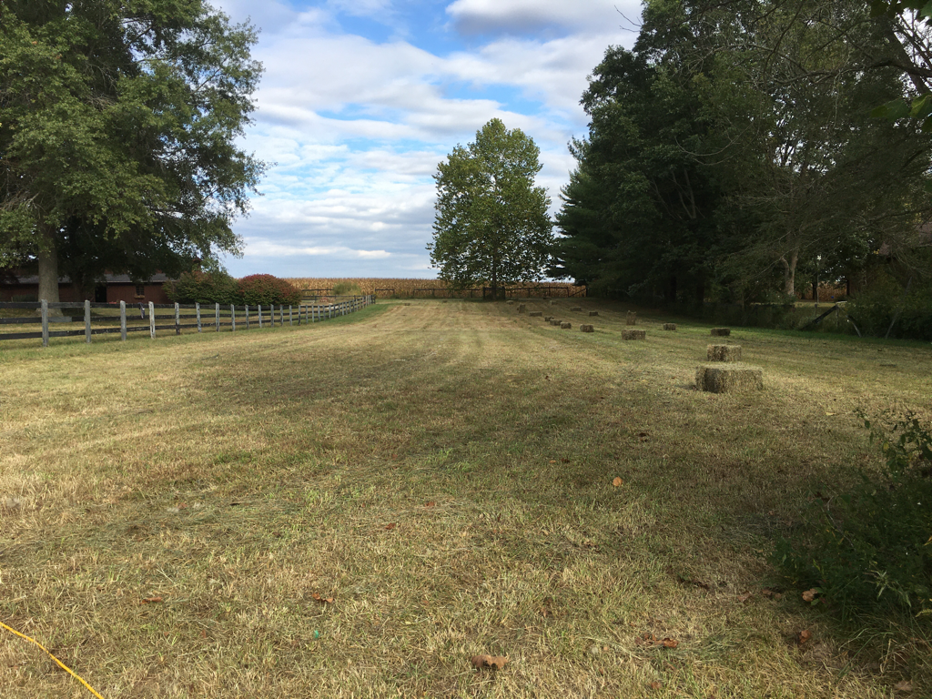 Picture of the pasture, cut with a few hay bales.
