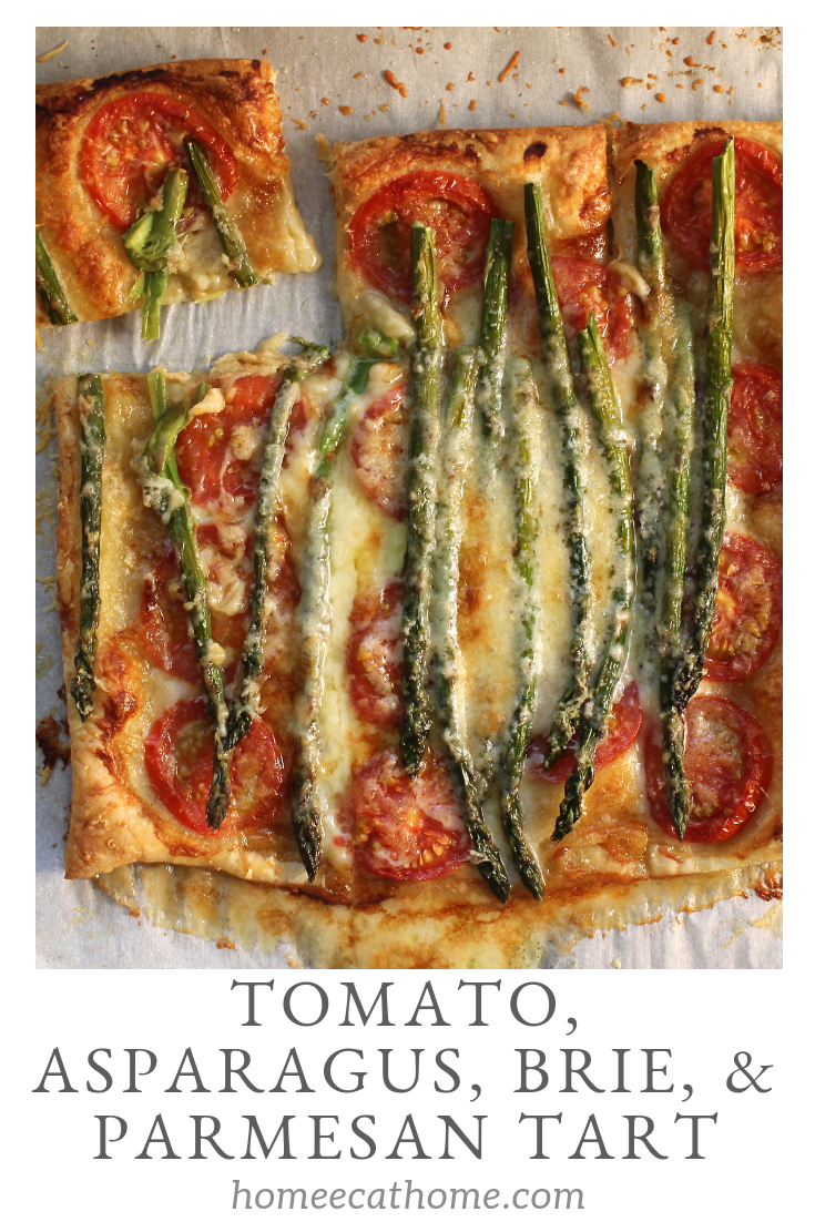 This Tomato, Asparagus, Brie and Parmesan Tart is perfect for Spring. It's great as an appetizer, fun side, or even as a meal for 2 to 3 people. I love the fresh flavors of tomatoes, asparagus, Brie, and parmesan. Simple to make and yet so elegant. #puffpastry #yum #f52grams #thebakefeed #buzzfeast #bhgfood #recipes #asparagus #Brie #parmesan #tarts #tomatoes