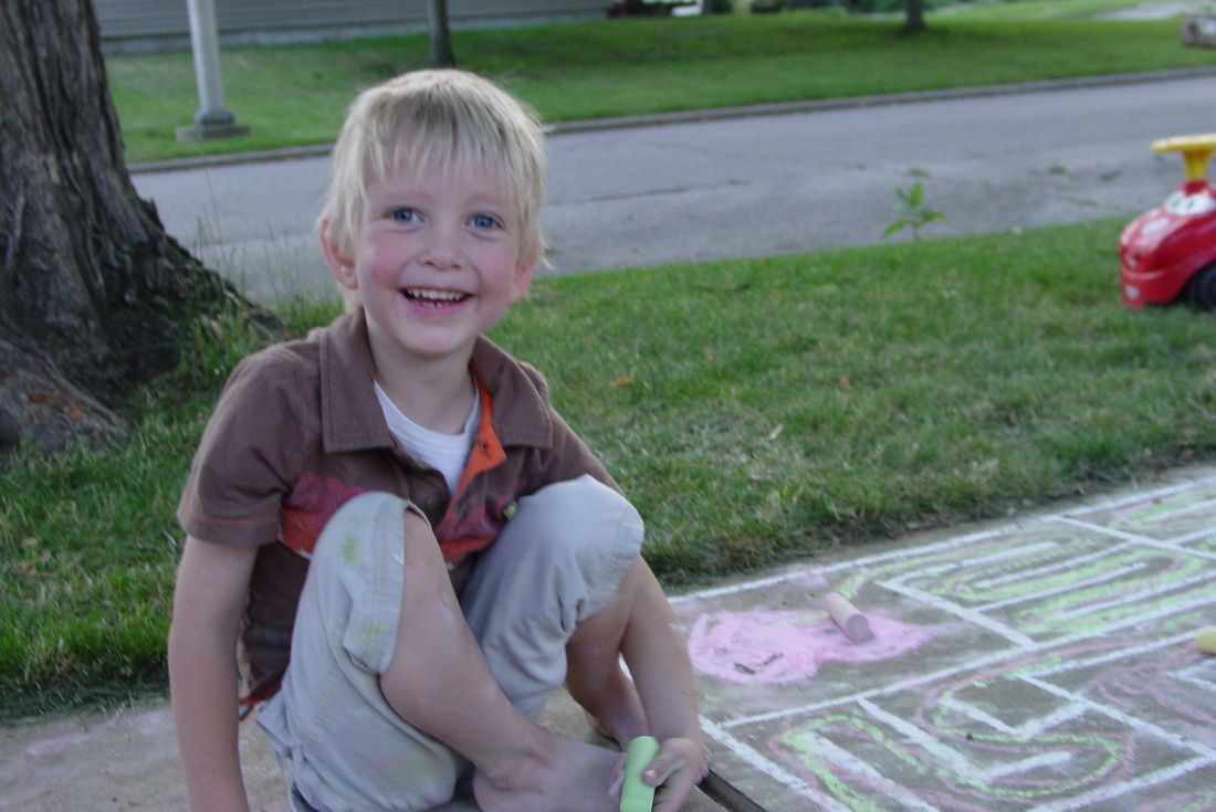 He completed the sidewalk chalk maze!