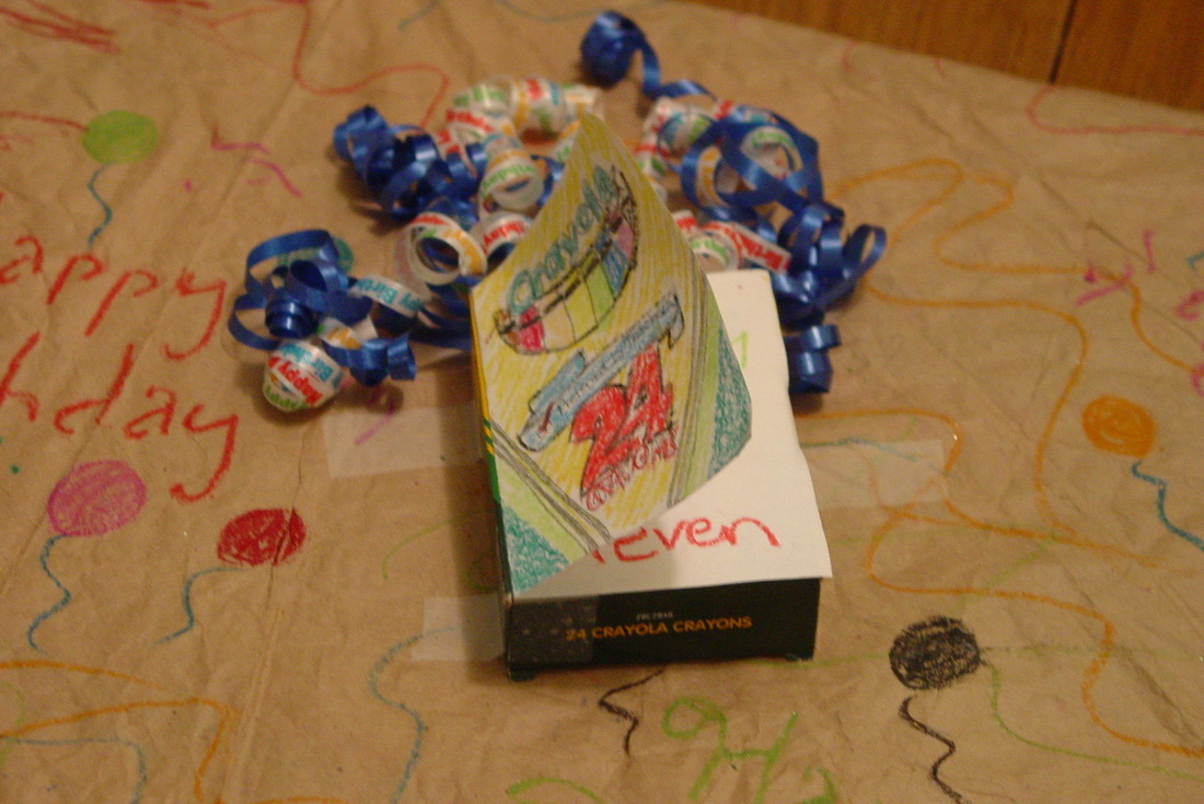 Handmade wrapping paper and homemade crayola crayons card