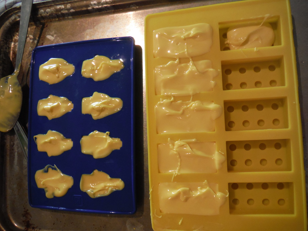 melted chocolate in lego candy molds
