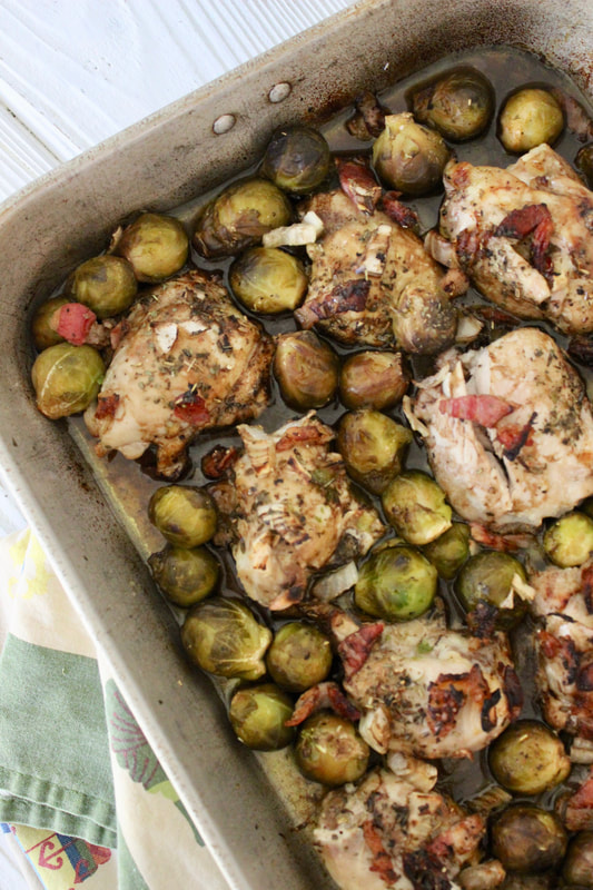 Easy Sheet pan Balsamic Roasted Chicken with Brussels Sprouts and Bacon
