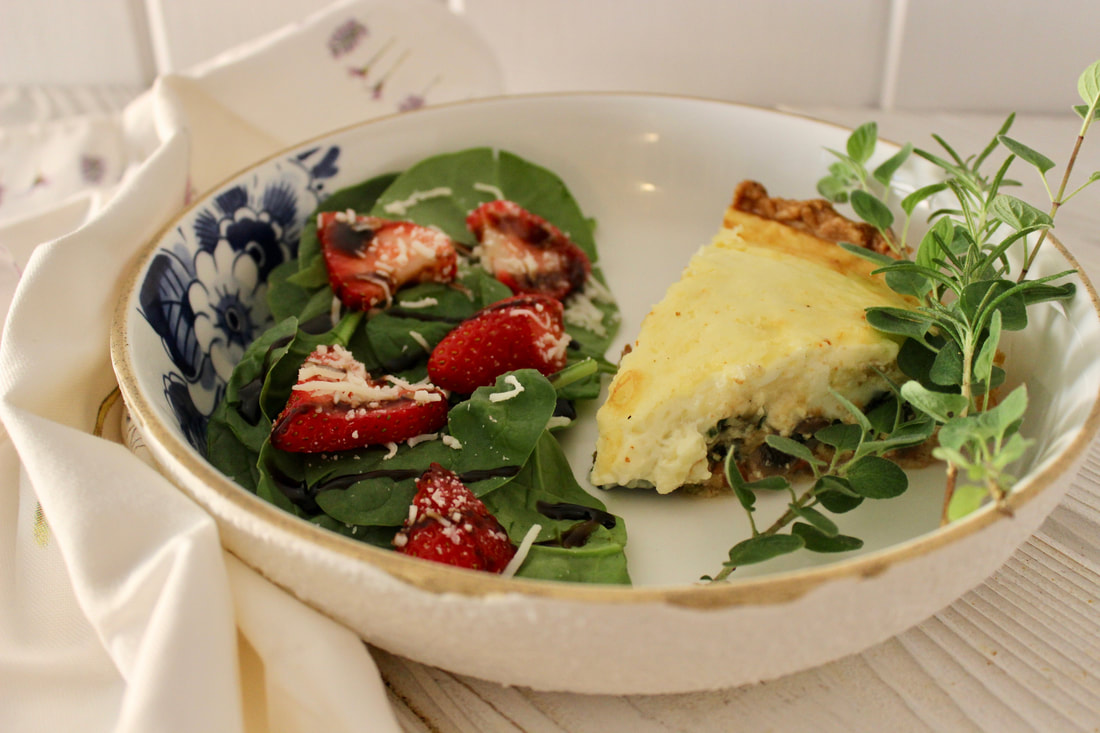 Bacon, Mushroom, and Spinach Quiche with a spinach and strawberry salad